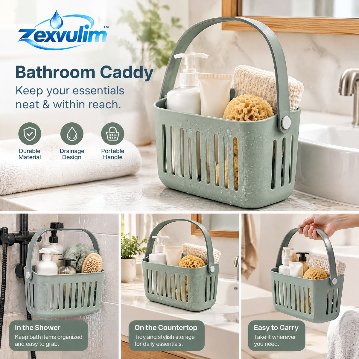 𝒛𝒆𝒙𝒗𝒖𝒍𝒊𝒎™ Ventilated Bathroom Caddy with Carry Handle — view 2