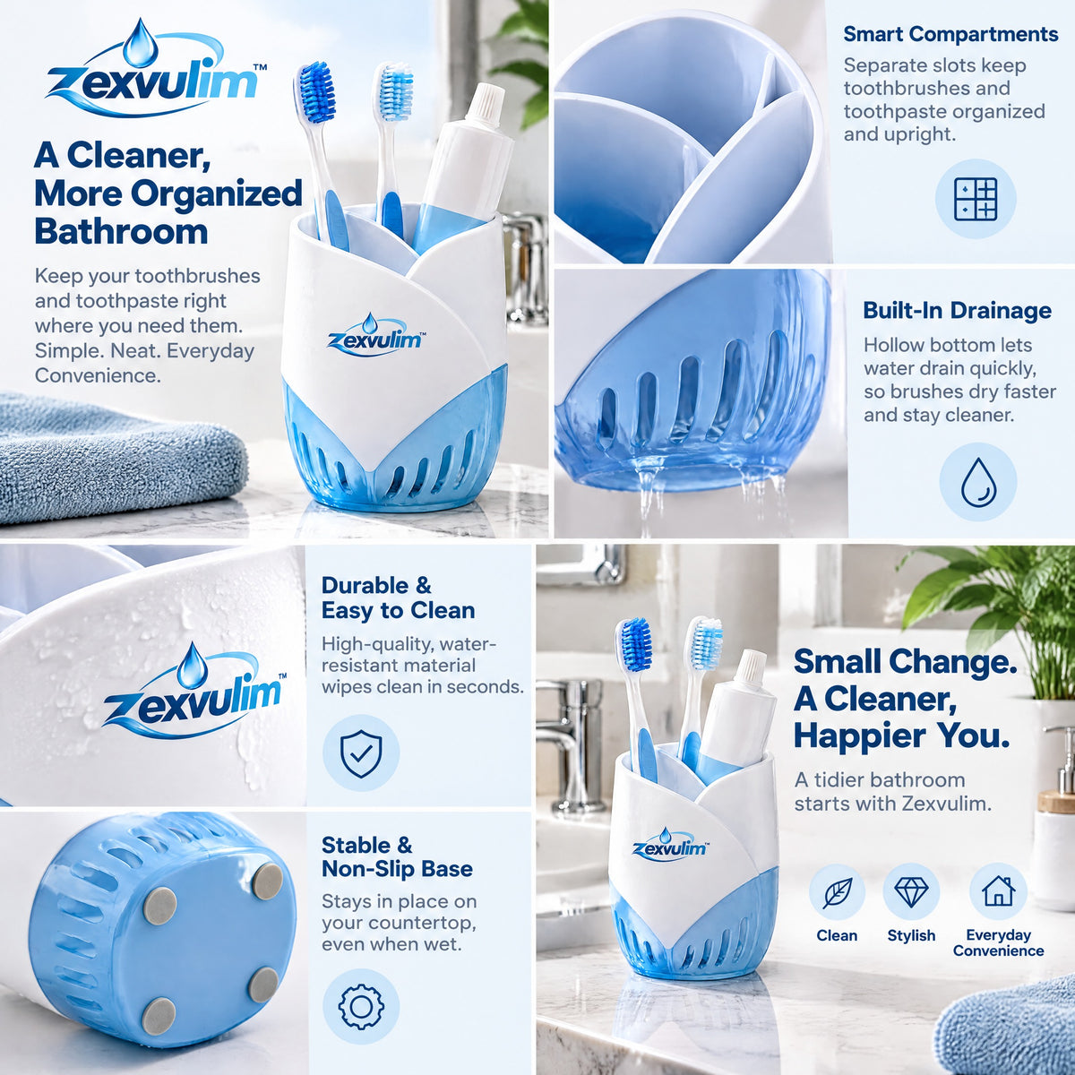 𝒛𝒆𝒙𝒗𝒖𝒍𝒊𝒎™ Countertop Toothbrush Holder with Divided Slots — view 4
