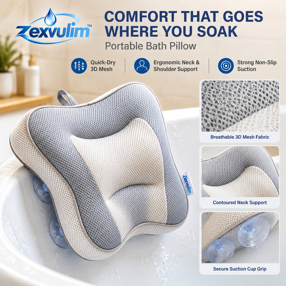 𝒛𝒆𝒙𝒗𝒖𝒍𝒊𝒎™ Contoured Bath Pillow with Head and Neck Support — view 2