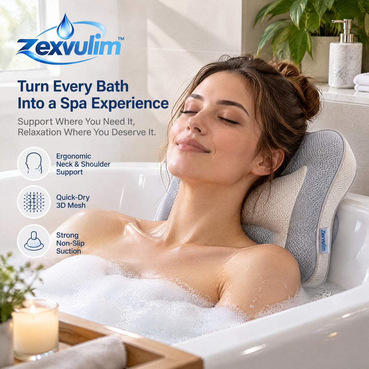 𝒛𝒆𝒙𝒗𝒖𝒍𝒊𝒎™ Contoured Bath Pillow with Head and Neck Support — view 5